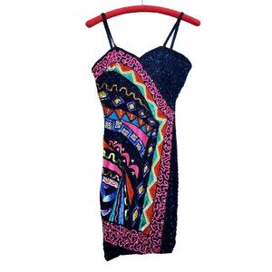Black Beaded Dress 80s XS Together Silk Black Colorful